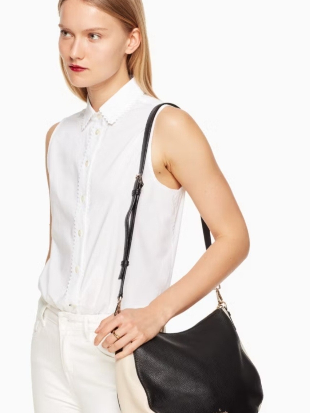 Kate Spade Jackson Black and Cream Two-Tone Pebbled Leather Shoulder Bag-EUC